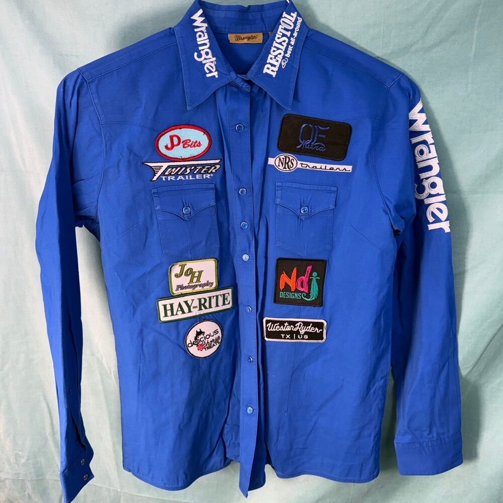 Wrangler Western Shirt Womens M Royal Blue Pearl Snap Rodeo Sponsor Patches